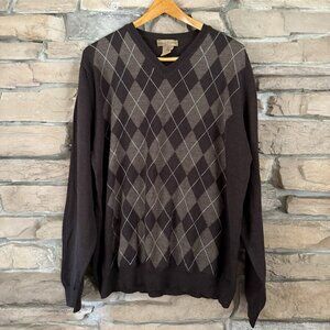 Mario Gilberti VTG Men’s Argyle Sweater XXL Brown 100% Extra Fine Merino Wool